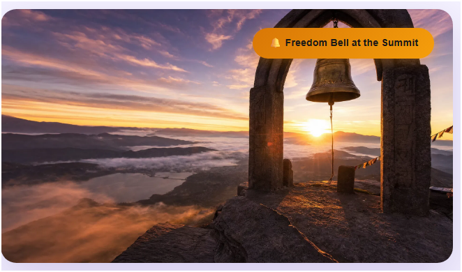 Freedom Bell at the Summit — sunrise over the mountains